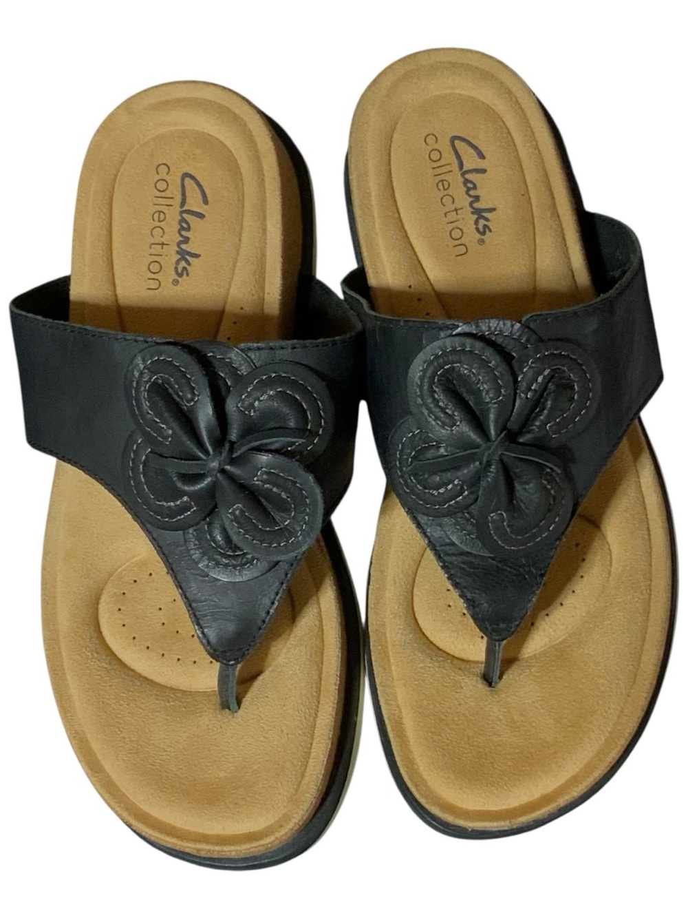 Clarks Womens Brynn Style Black Leather Floral Thong Sandals Flip Flops 6.5